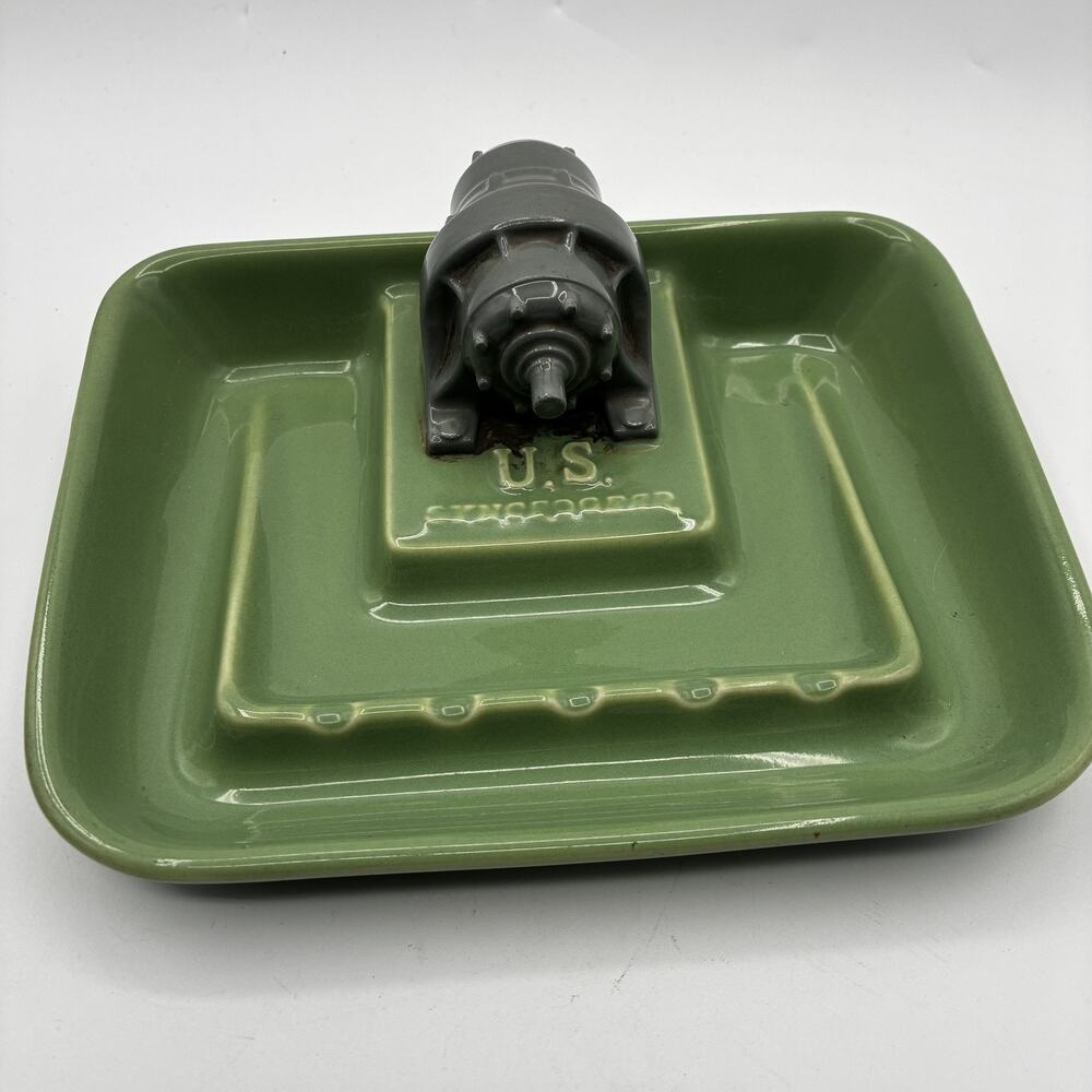 Vintage Hueckel China US Synchrobar Green Ceramic Industrial Theme Ashtray Tray